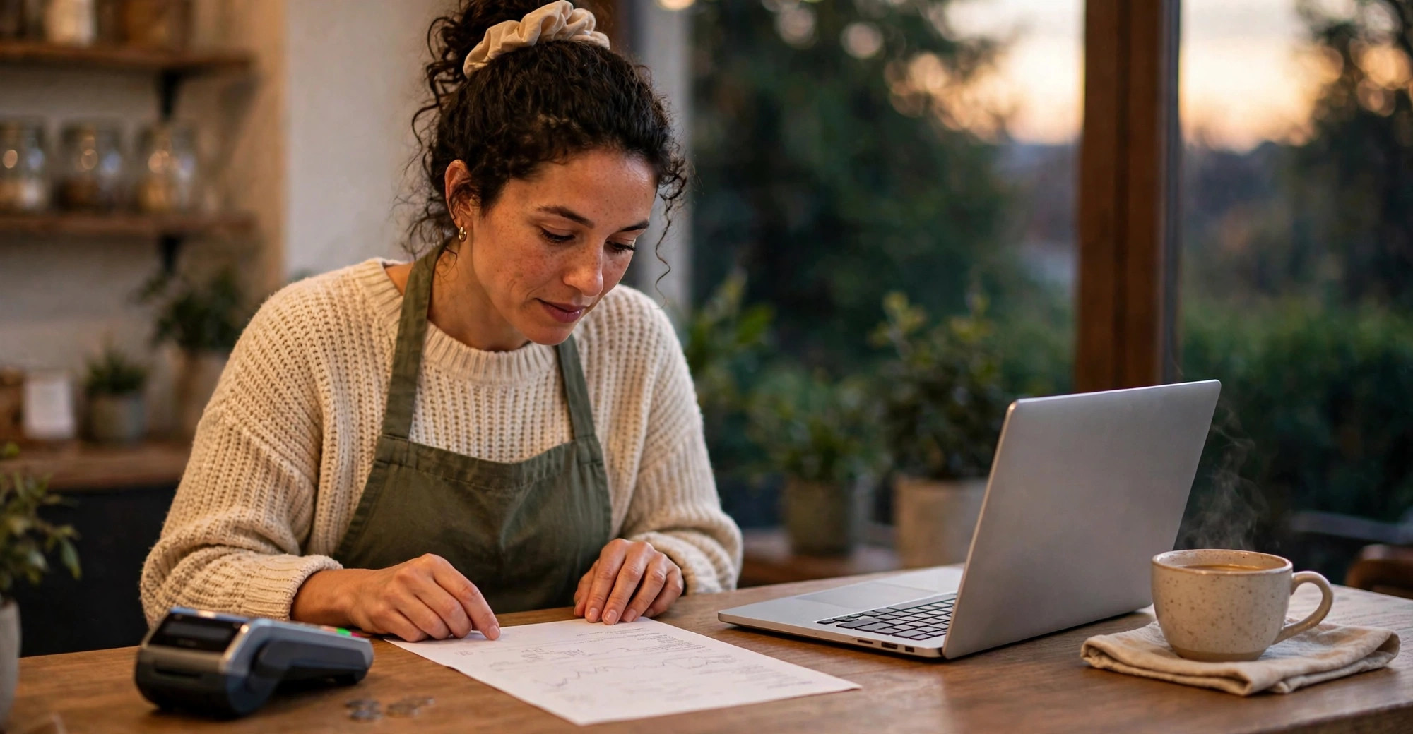 Business owner studying a merchant statement at her counter