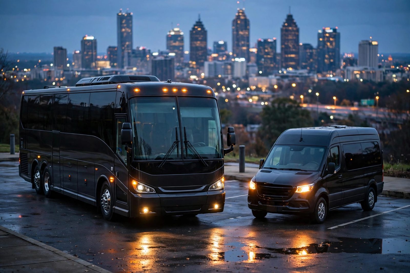 Charter coach and shuttle van at dusk